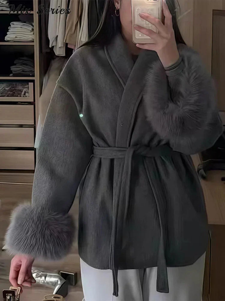 Lune London | Wool Jacket with Belt and Faux Fur Cuffs