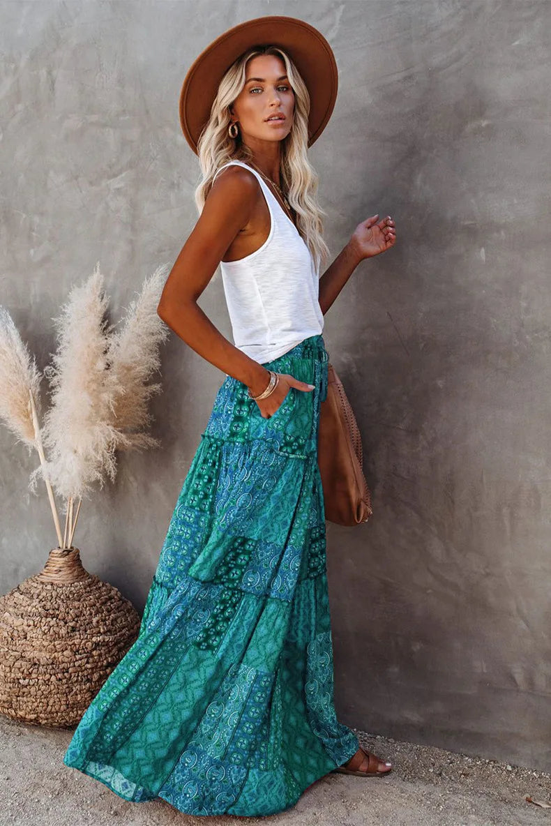 Lune London | High Waisted Long Printed A-Line Skirt Flower Skirt