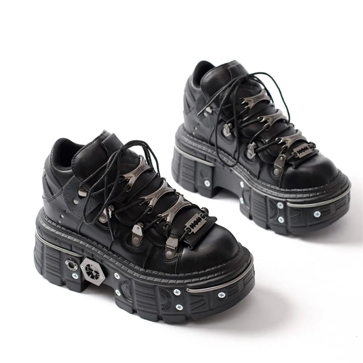 Lune London | Fashion Women Ankle Boots Ladies Thin Heels Round Toe Lace-Up Metal Decoration Sneakers Miss Studded Punk Gothic Rock Shoes