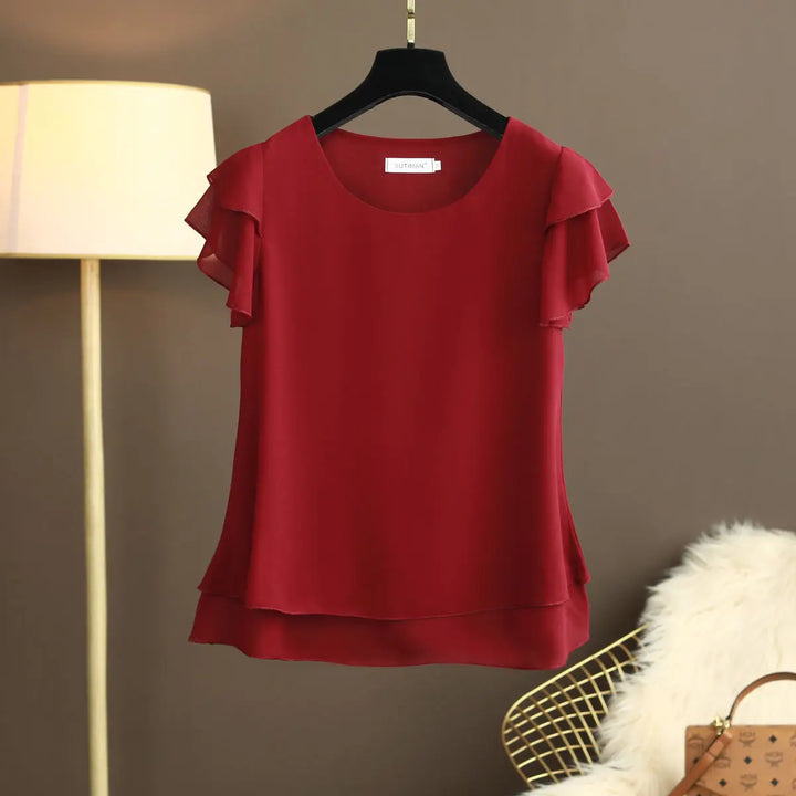 Lune London | Chiffon blouse with O-neck and short sleeves
