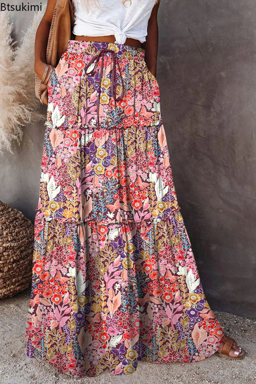 Lune London | High Waisted Long Printed A-Line Skirt Flower Skirt