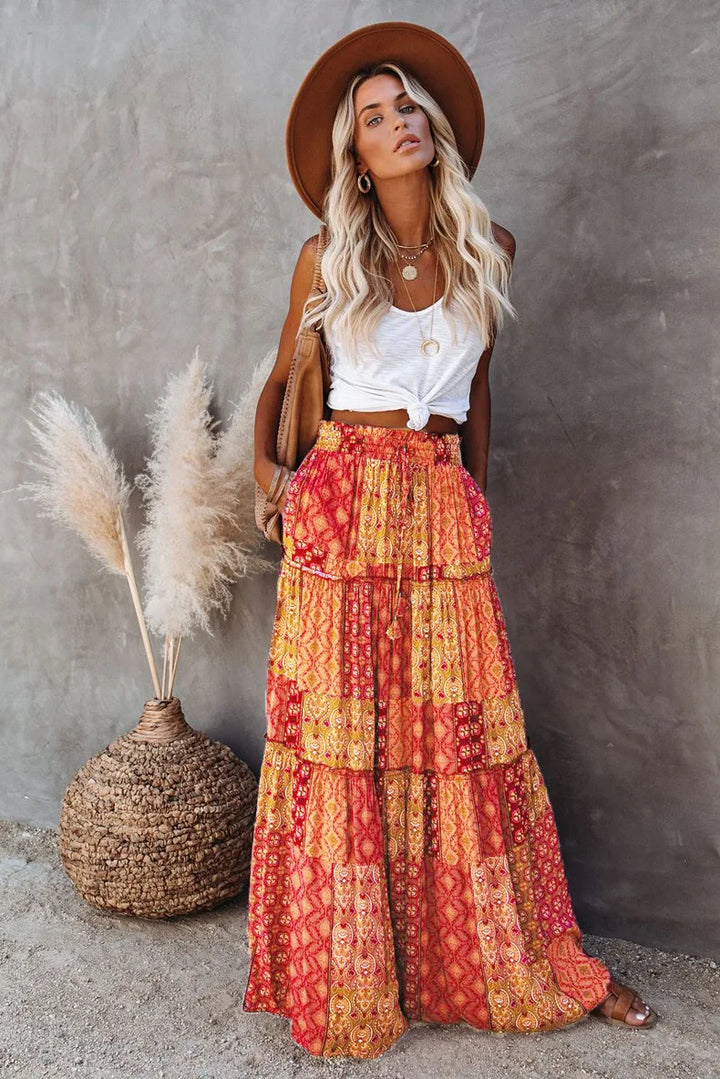 Lune London | High Waisted Long Printed A-Line Skirt Flower Skirt