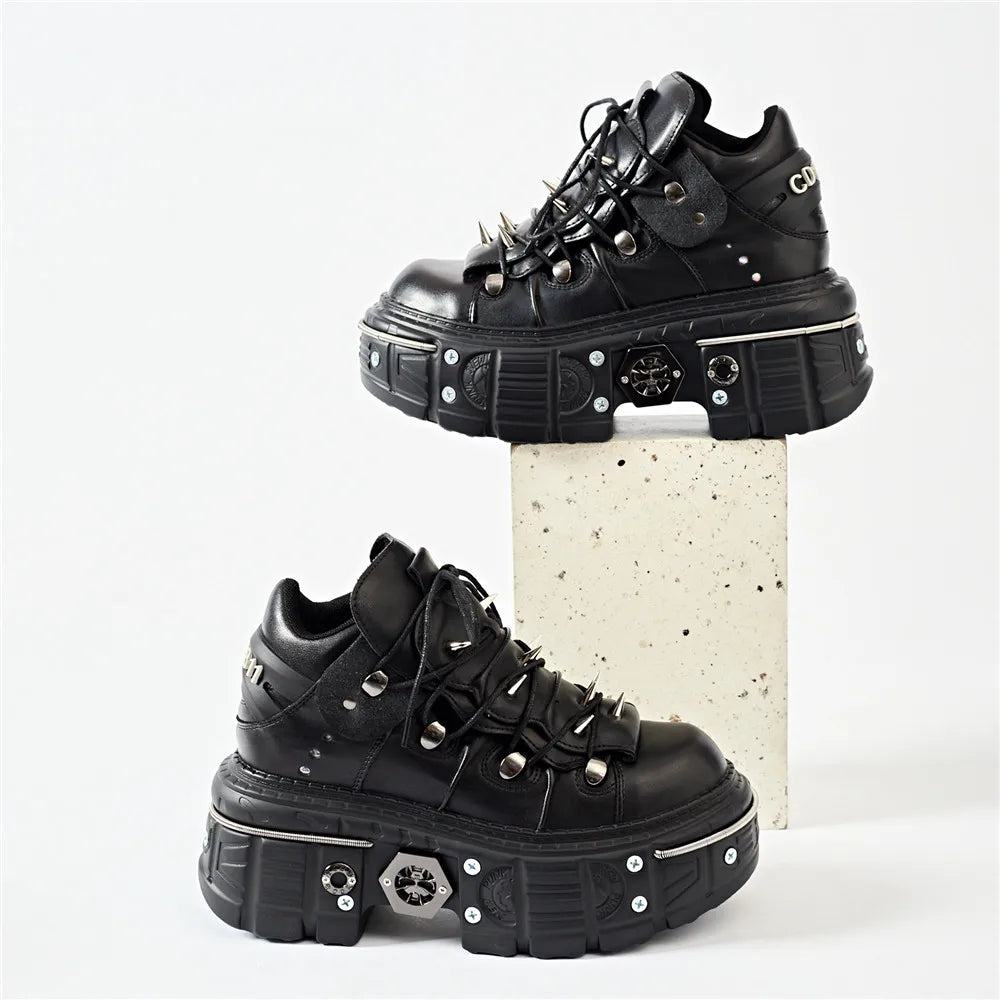 Lune London | Fashion Women Ankle Boots Ladies Thin Heels Round Toe Lace-Up Metal Decoration Sneakers Miss Studded Punk Gothic Rock Shoes