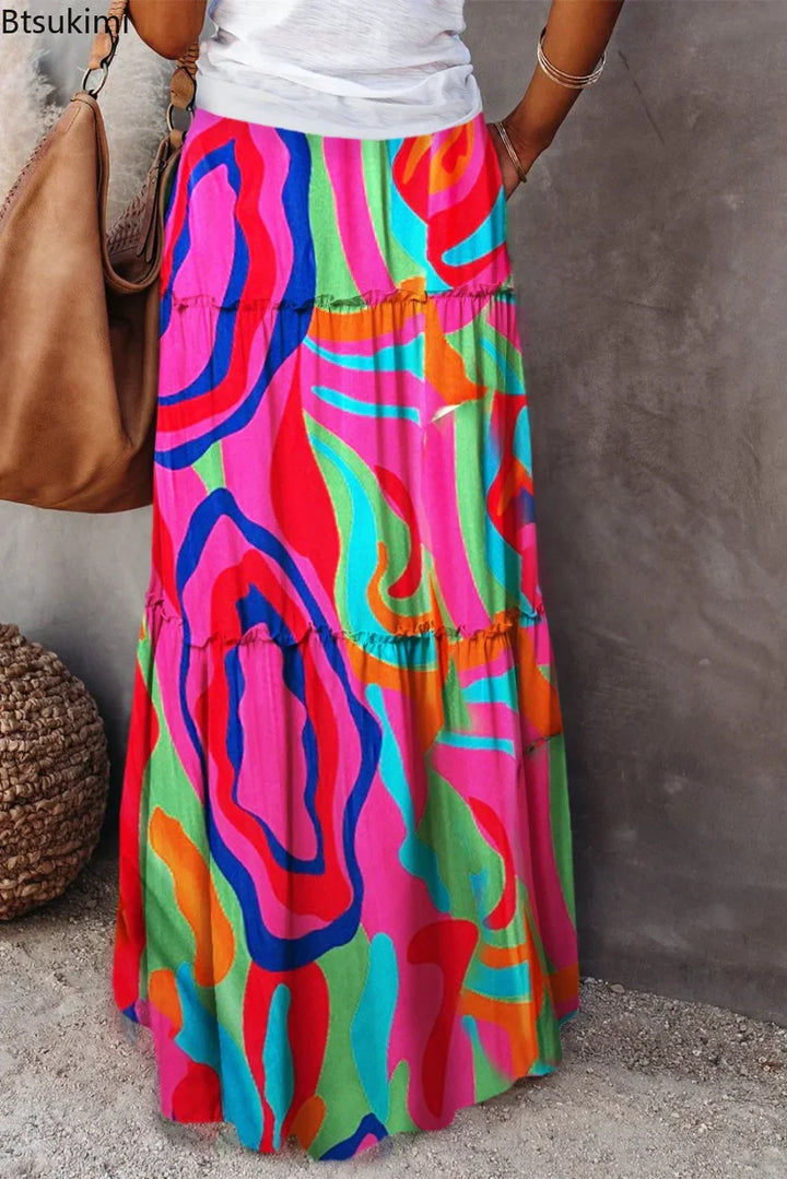 Lune London | High Waisted Long Printed A-Line Skirt Flower Skirt