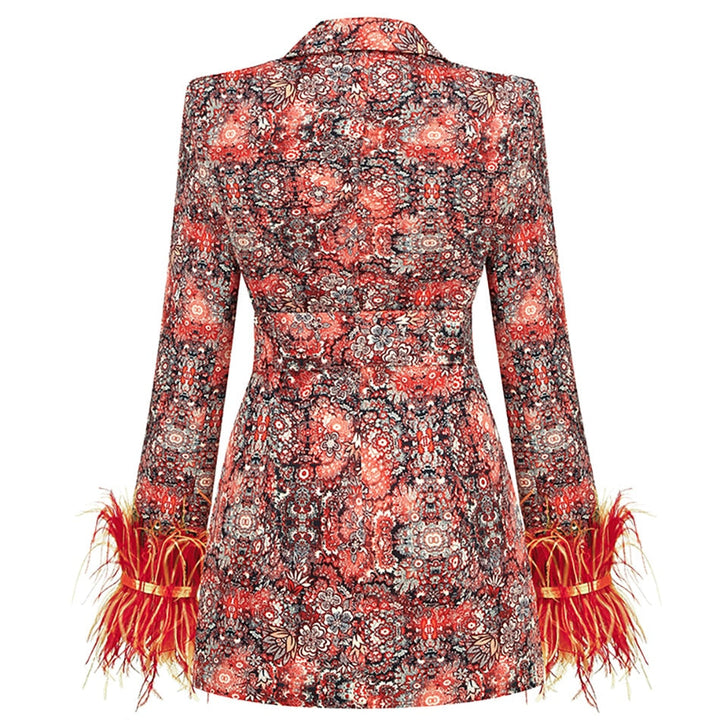 Lune London | Blazer dress with V-neck and feathers and abstract pattern for women