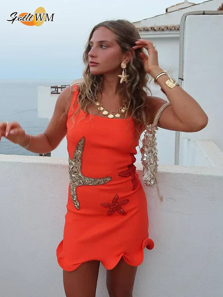 Lune London | Chic Shiny Starfish Print Ruffle Hem Mini Dress Fashion Bodycon Sleeveless Backless Short Dresses Summer Female Beach Dresses