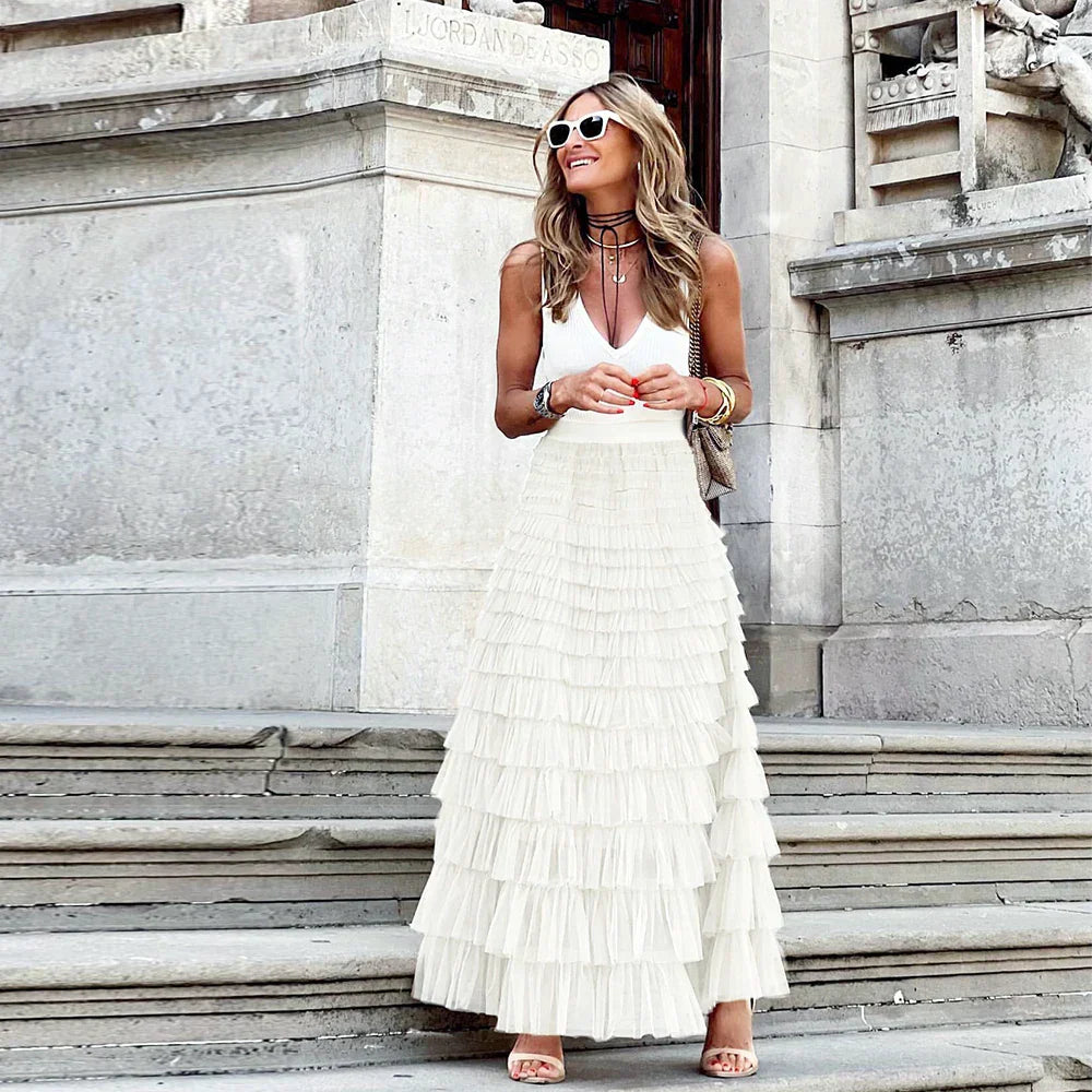 Lune London | Casual Women Solid Ball Gown Long Skirt Tulle High Waist Pleated Tutu Skirt Elegant Women Wild Net Dating Maxi Skirts Drop