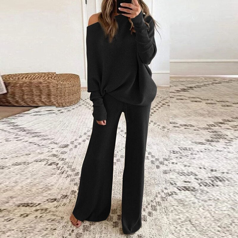 Lune London - Stylish Autumn One-Shoulder Sweater and Loose Pants Set for Women
