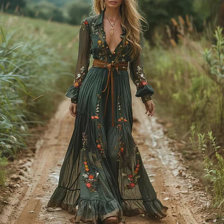 Boho Women's Maxi Dress with Low V-Neck and Long Sleeve Lune London