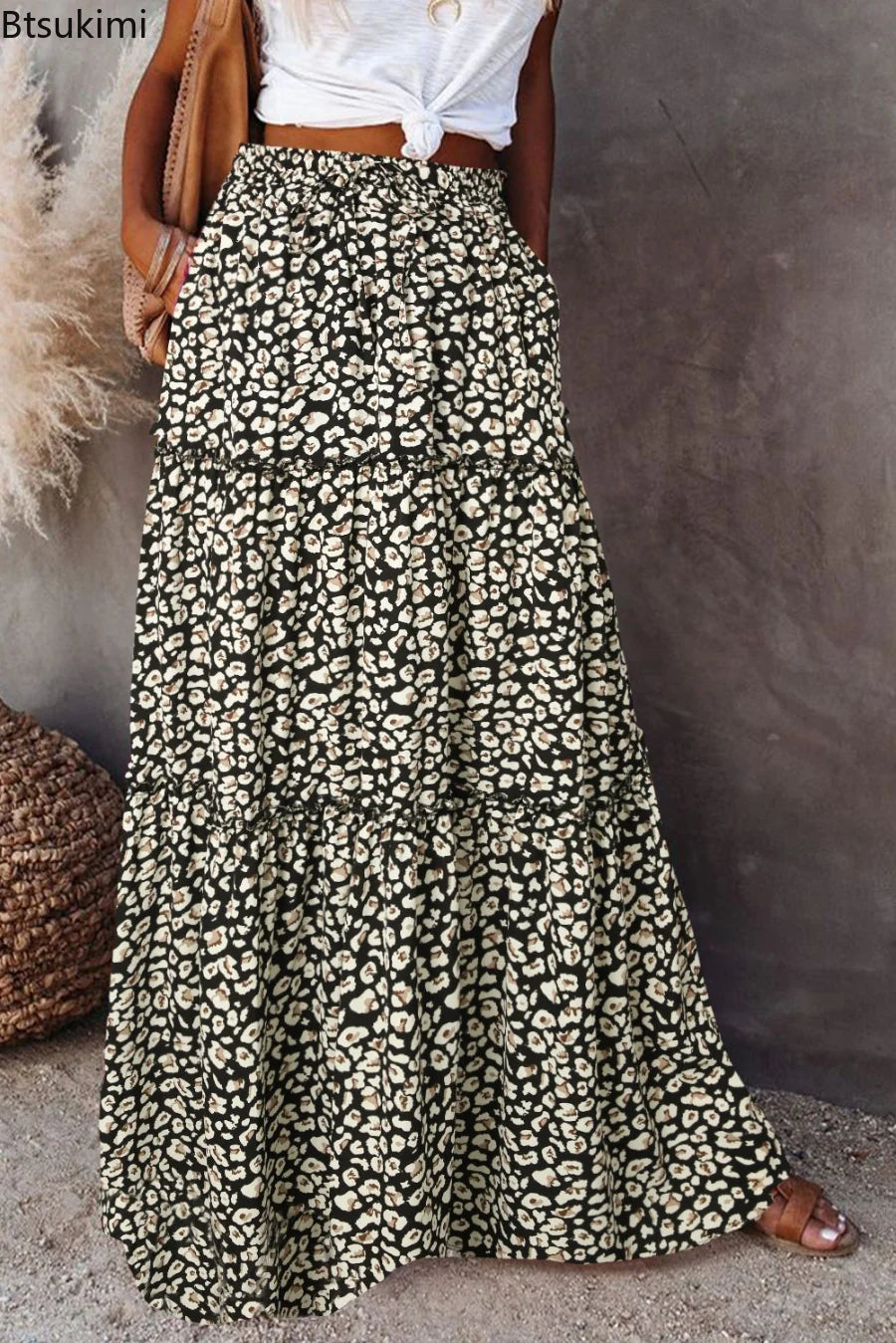 Lune London | High Waisted Long Printed A-Line Skirt Flower Skirt