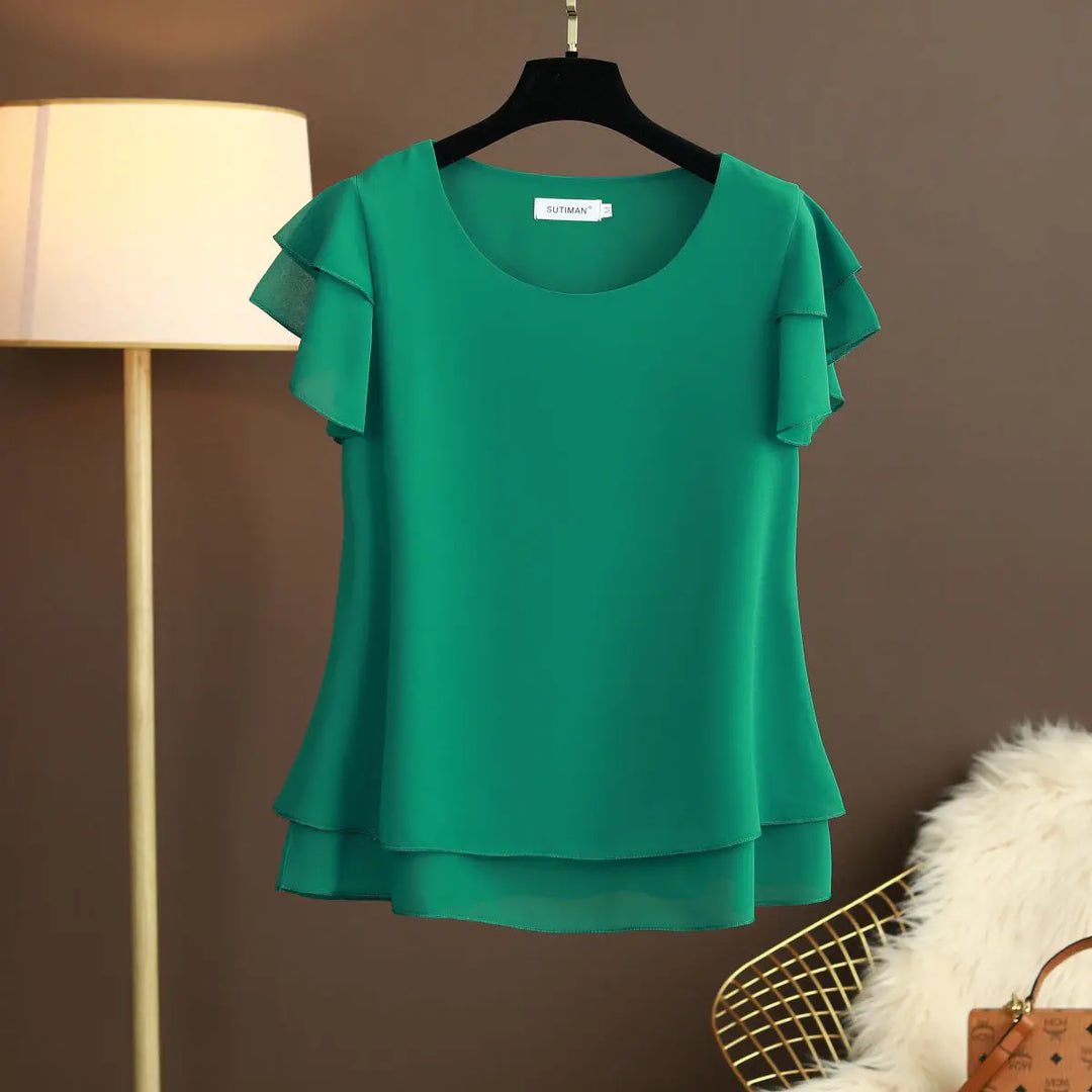 Lune London | Chiffon blouse with O-neck and short sleeves