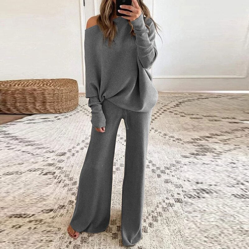 Lune London - Stylish Autumn One-Shoulder Sweater and Loose Pants Set for Women