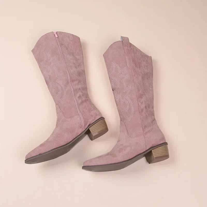 Lune London | Cowboy Boots - Suede Texture - Embroidered Shaft - Mid Calf - Low Heel