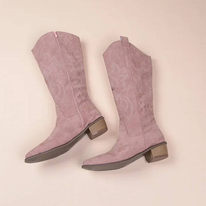 Lune London | Cowboy Boots - Suede Texture - Embroidered Shaft - Mid Calf - Low Heel