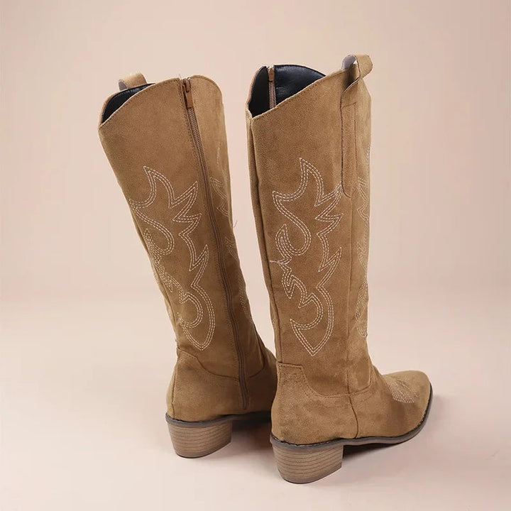Lune London | Cowboy Boots - Suede Texture - Embroidered Shaft - Mid Calf - Low Heel
