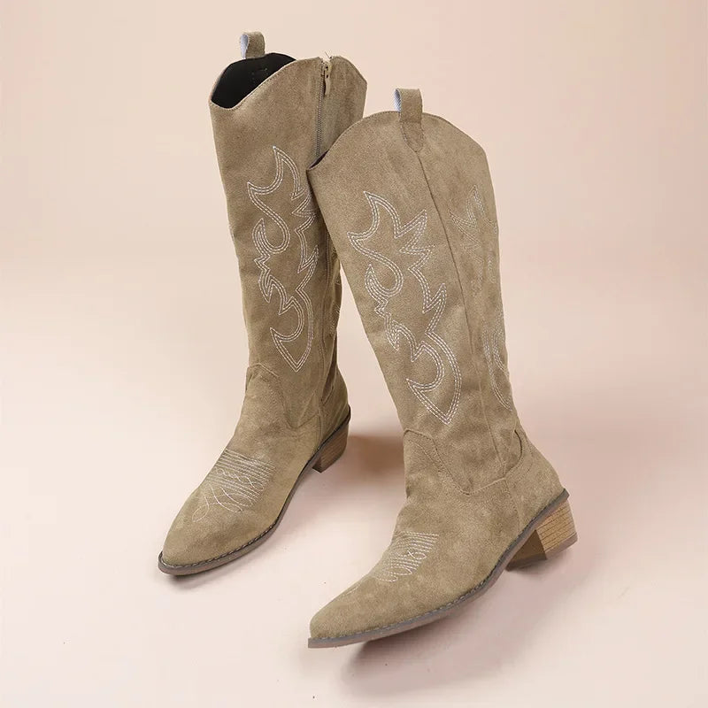 Lune London | Cowboy Boots - Suede Texture - Embroidered Shaft - Mid Calf - Low Heel