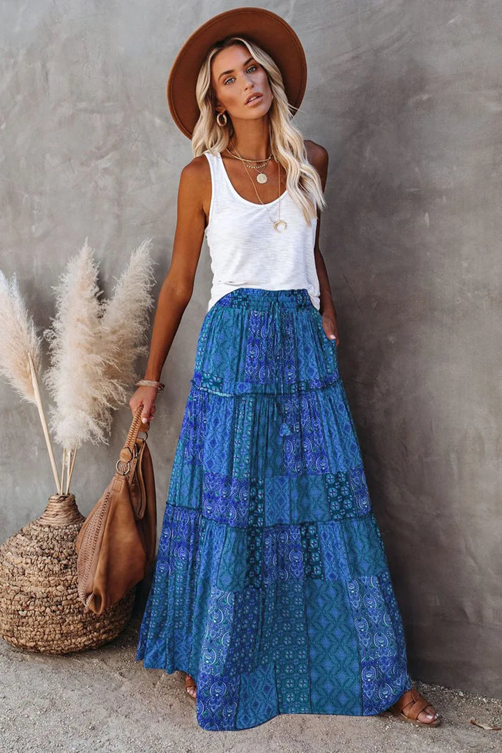 Lune London | High Waisted Long Printed A-Line Skirt Flower Skirt