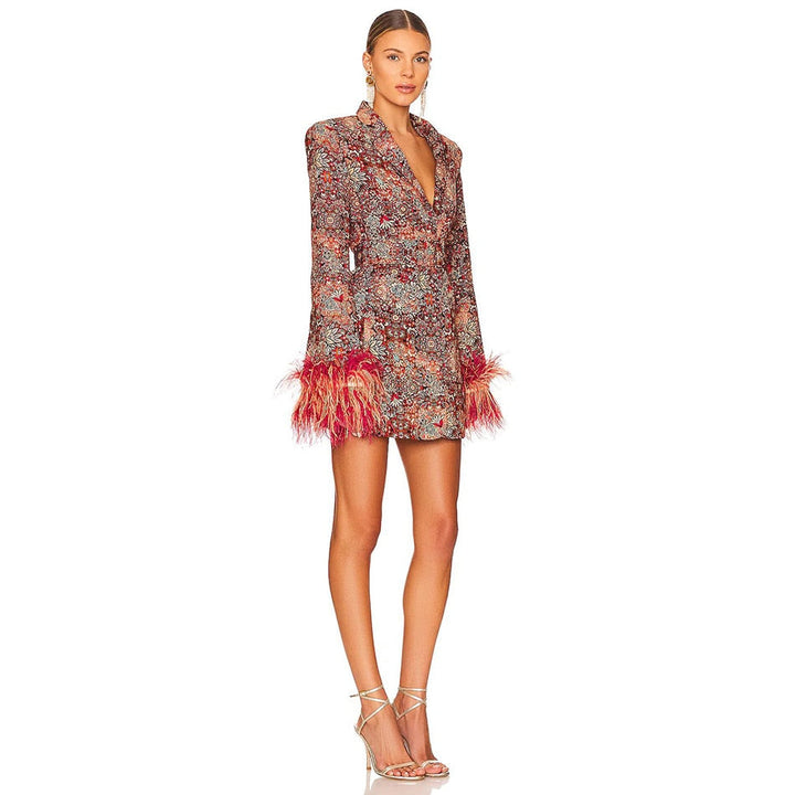 Lune London | Blazer dress with V-neck and feathers and abstract pattern for women