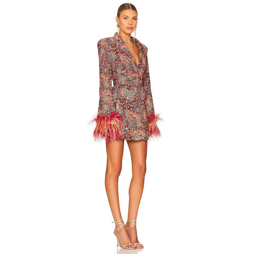Lune London | Blazer dress with V-neck and feathers and abstract pattern for women