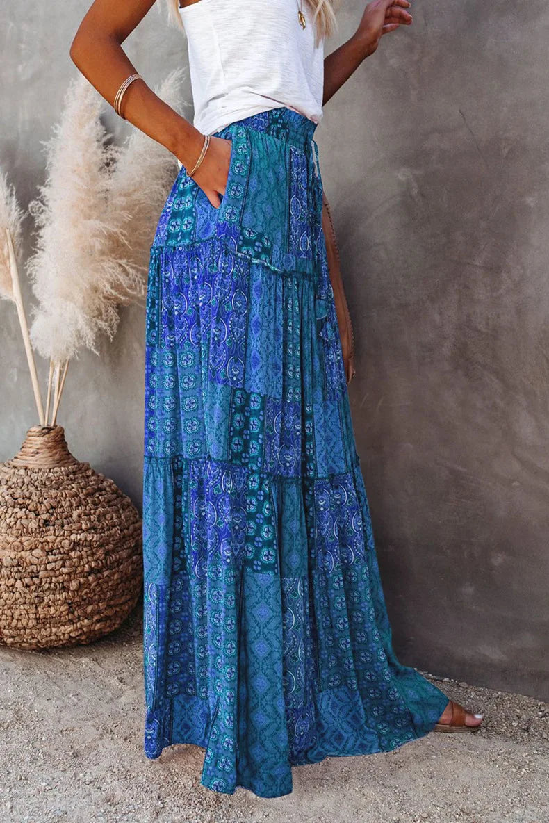 Lune London | High Waisted Long Printed A-Line Skirt Flower Skirt