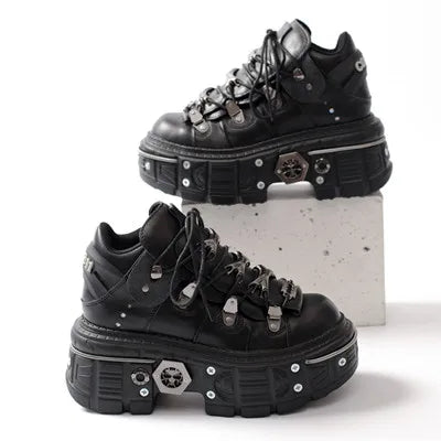 Lune London | Fashion Women Ankle Boots Ladies Thin Heels Round Toe Lace-Up Metal Decoration Sneakers Miss Studded Punk Gothic Rock Shoes