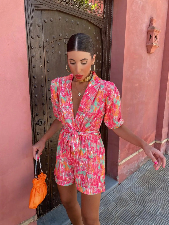Lune London | Printed Jumpsuit Modern jumpsuit for women with deep V-neck and short sleeves