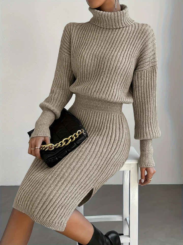 Lune London | Chic Winter Khaki Fitted Turtleneck Dress for Women