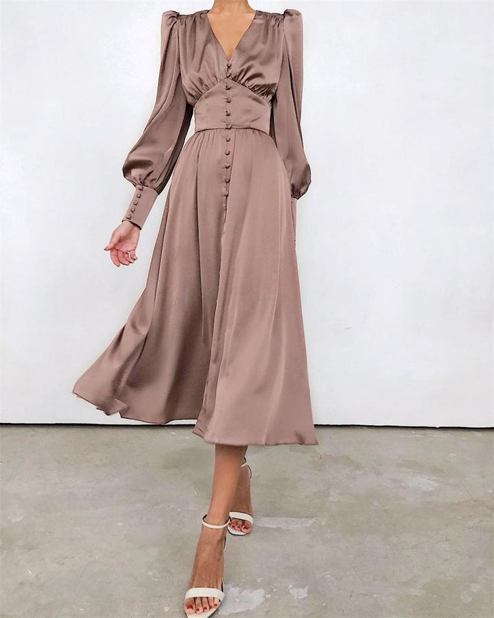 Lune London | Elegant Party Dress with V-Neck and Puff Sleeves for Women