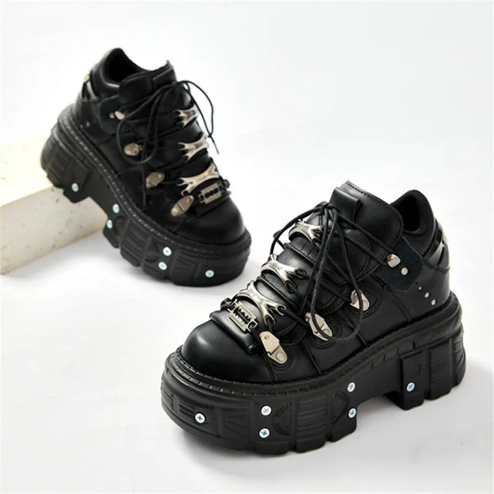 Lune London | Fashion Women Ankle Boots Ladies Thin Heels Round Toe Lace-Up Metal Decoration Sneakers Miss Studded Punk Gothic Rock Shoes