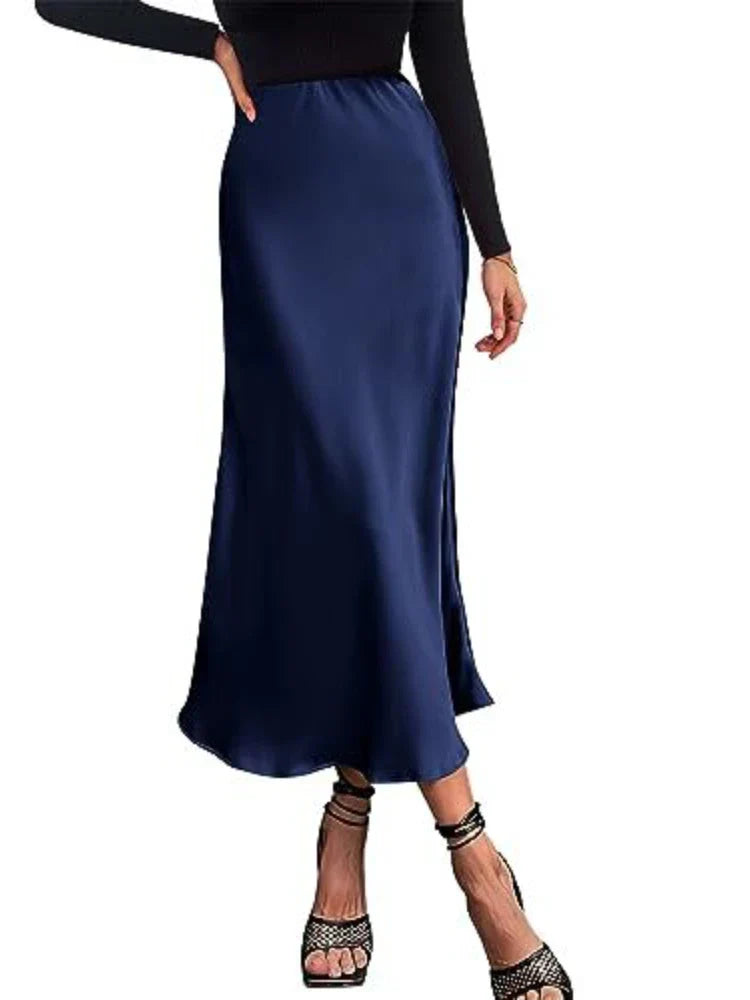 Lune London | Women's Satin Silk Skirts Summer Spring Korean Fashion Clothing Office Ladies Long Skirts Elegant Black Maxi Skirts for Women