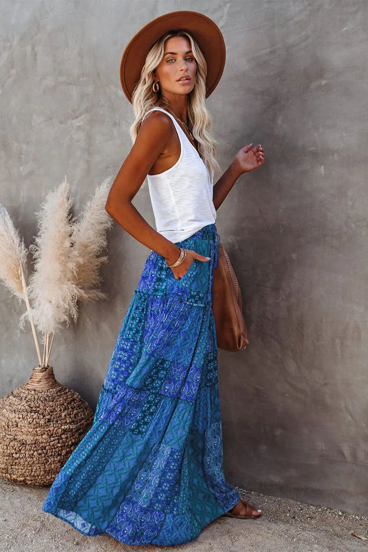 Lune London | High Waisted Long Printed A-Line Skirt Flower Skirt