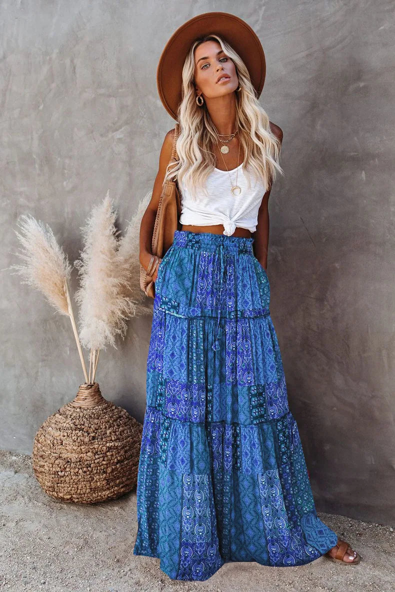 Lune London | High Waisted Long Printed A-Line Skirt Flower Skirt