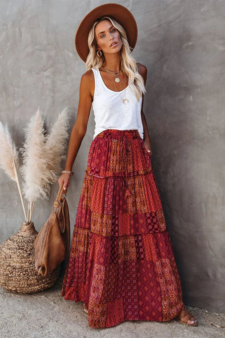 Lune London | High Waisted Long Printed A-Line Skirt Flower Skirt