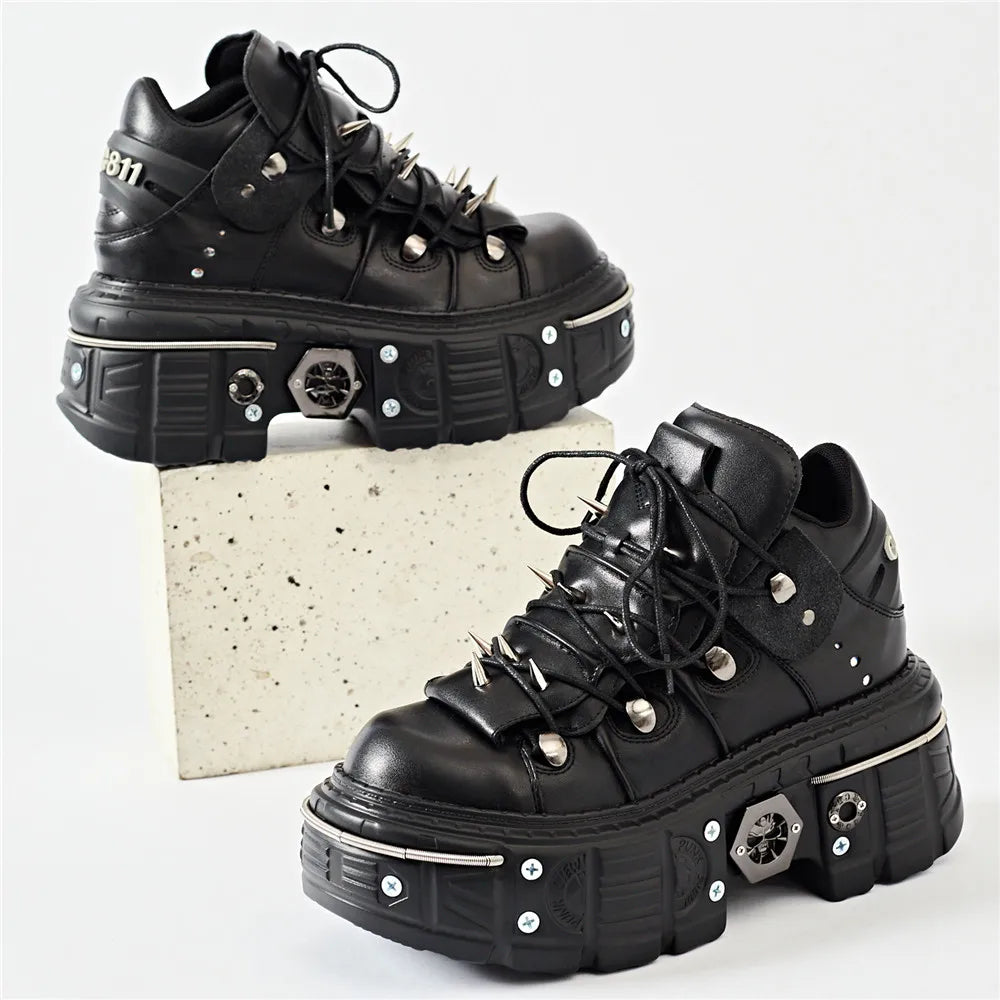 Lune London | Fashion Women Ankle Boots Ladies Thin Heels Round Toe Lace-Up Metal Decoration Sneakers Miss Studded Punk Gothic Rock Shoes