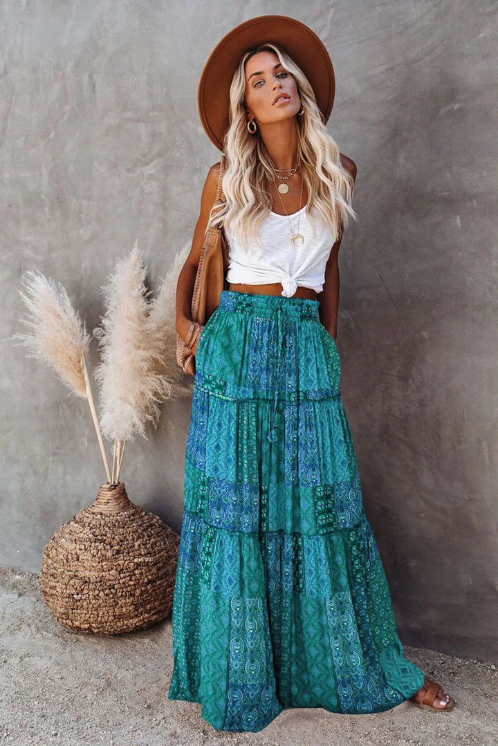 Lune London | High Waisted Long Printed A-Line Skirt Flower Skirt