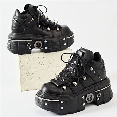Lune London | Fashion Women Ankle Boots Ladies Thin Heels Round Toe Lace-Up Metal Decoration Sneakers Miss Studded Punk Gothic Rock Shoes