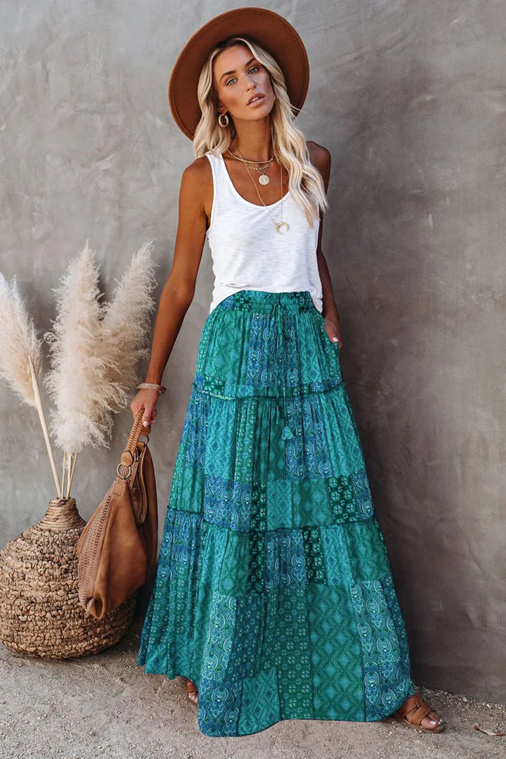 Lune London | High Waisted Long Printed A-Line Skirt Flower Skirt