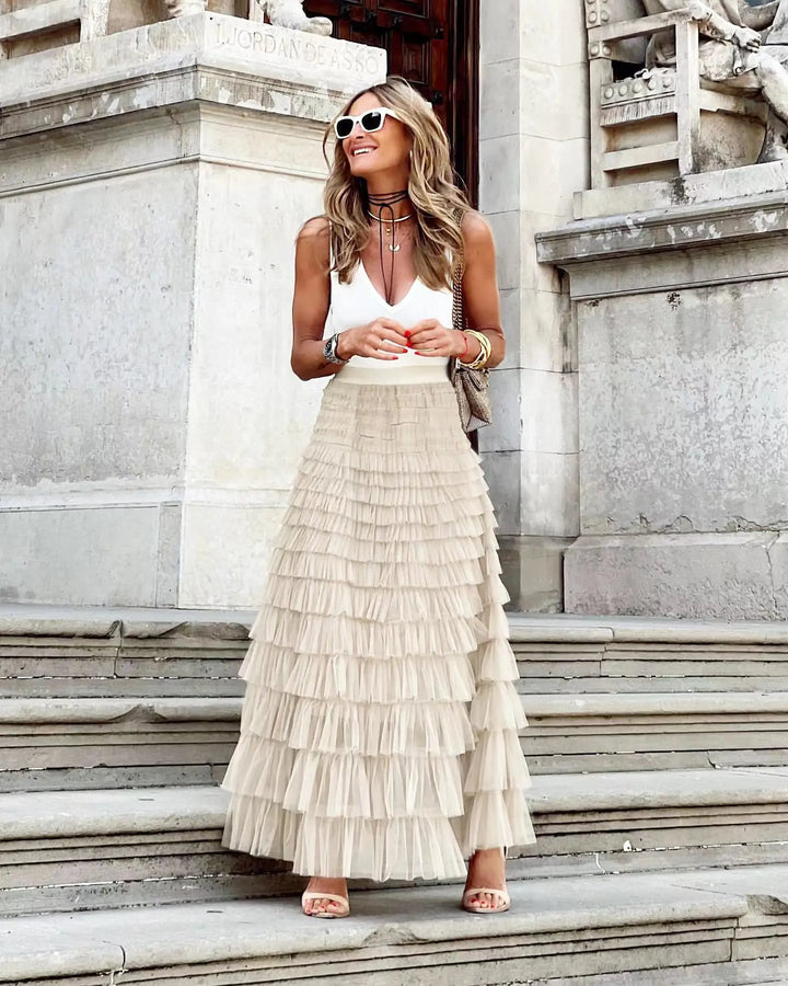 Lune London | Casual Women Solid Ball Gown Long Skirt Tulle High Waist Pleated Tutu Skirt Elegant Women Wild Net Dating Maxi Skirts Drop