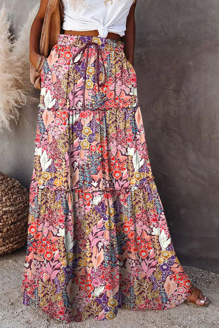 Lune London | High Waisted Long Printed A-Line Skirt Flower Skirt