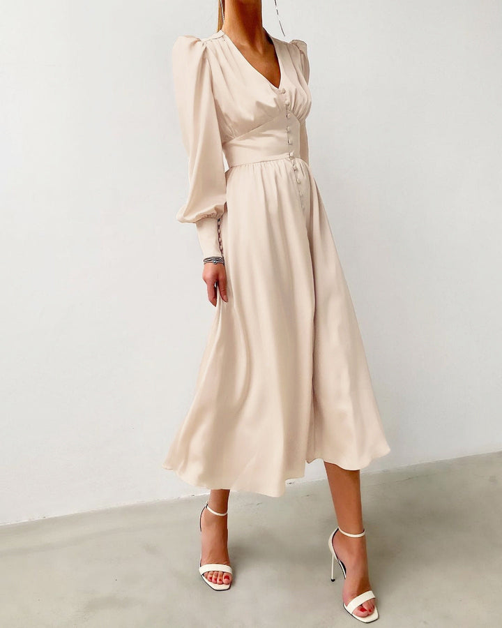 Lune London | Elegant Party Dress with V-Neck and Puff Sleeves for Women