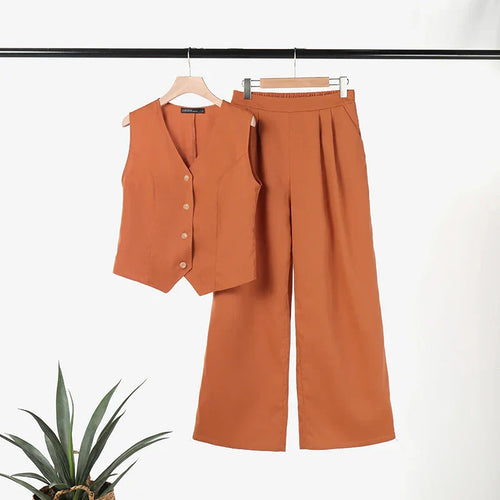 Lune London | Modern Set Elegant Sleeveless V-Neck Top and Wide Leg Trousers Women's Suit