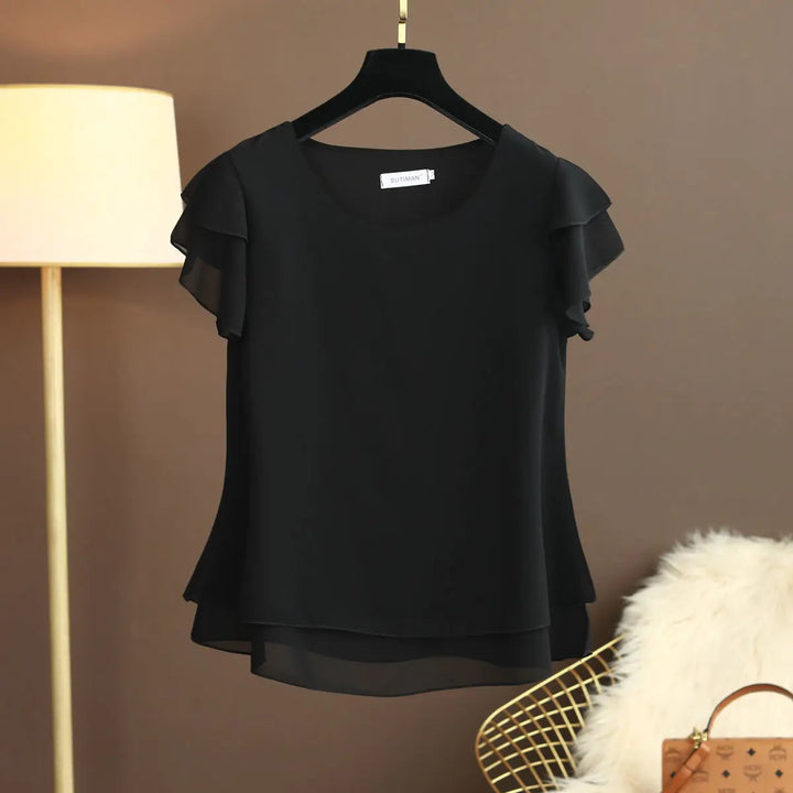 Lune London | Chiffon blouse with O-neck and short sleeves