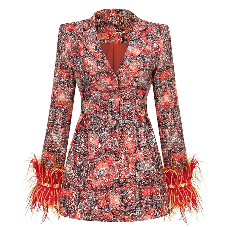 Lune London | Blazer dress with V-neck and feathers and abstract pattern for women