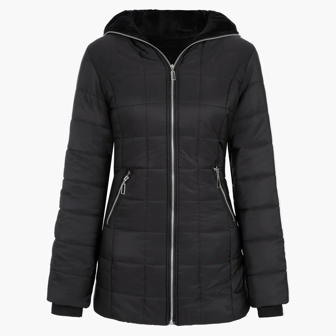 Lune London | Quilted winter jacket with hood and asymmetrical zipper - Trendy outdoor jacket for cold days