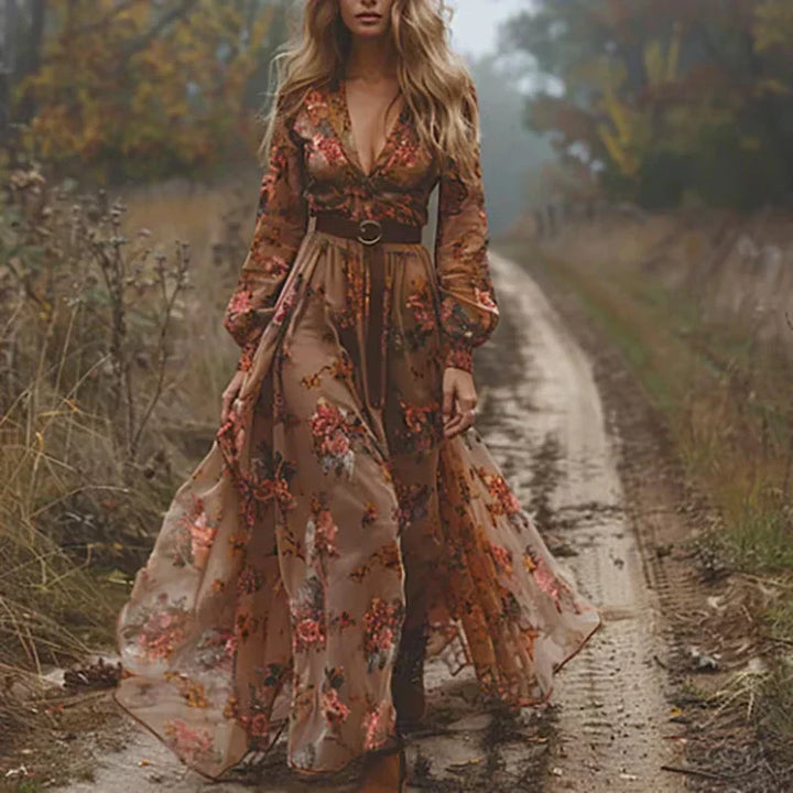 Boho Women's Maxi Dress with Low V-Neck and Long Sleeve Lune London