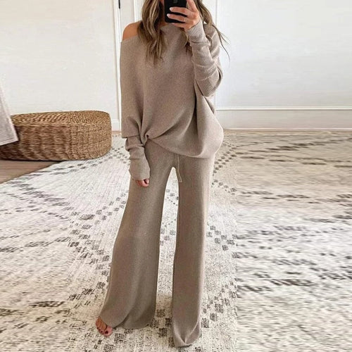 Lune London - Stylish Autumn One-Shoulder Sweater and Loose Pants Set for Women