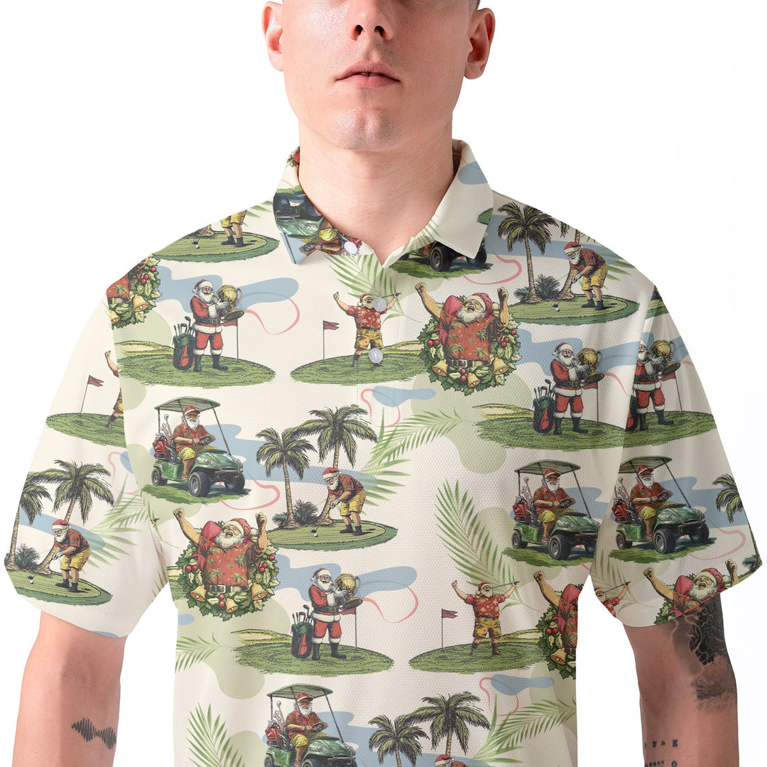 Lune London | Hommes Beige Santa Golf jouant Polo Shirts de Noël Golf