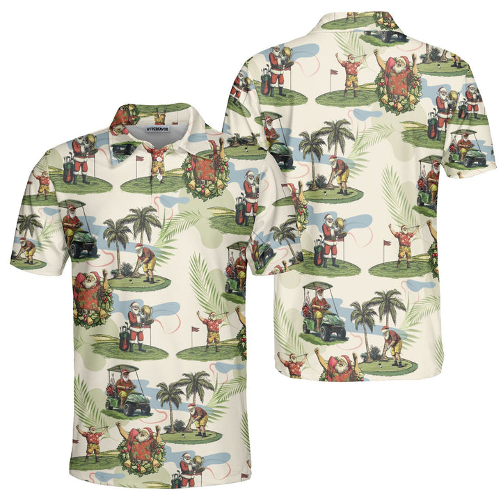 Lune London | Hommes Beige Santa Golf jouant Polo Shirts de Noël Golf