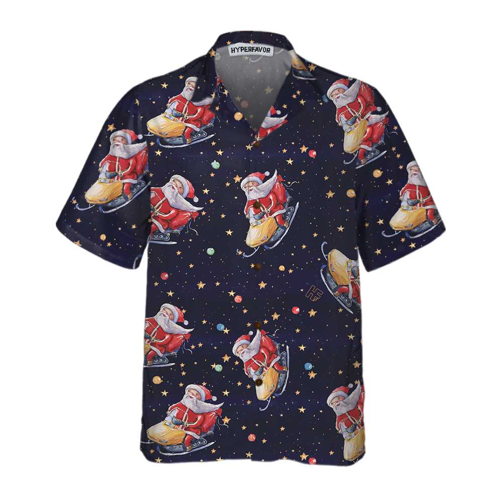 Lune London | Christmas Hawaiian T-shirt Santa Claus on snowmobile, Fun Hawaiian T-shirt of Santa for men