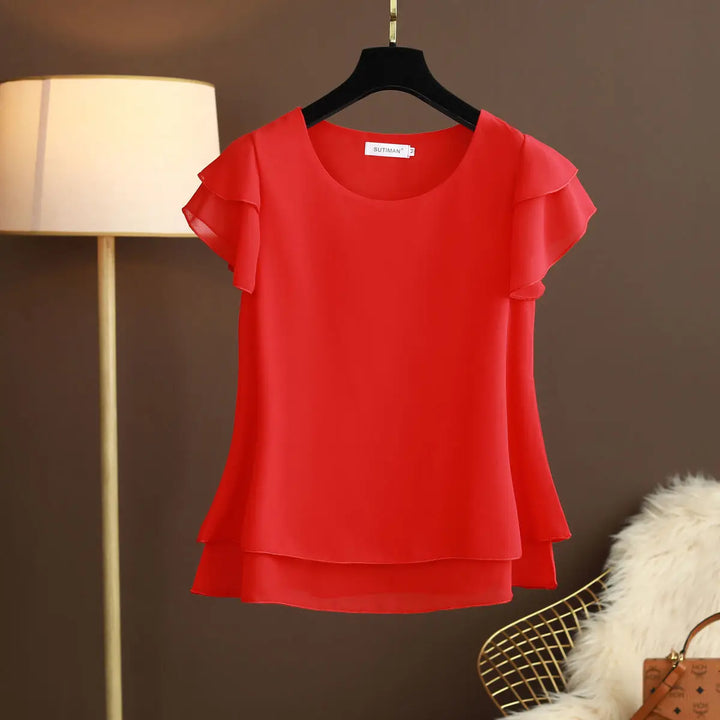 Lune London | Chiffon blouse with O-neck and short sleeves